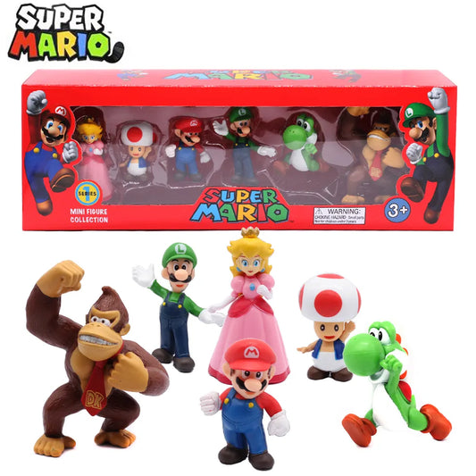 6pcs/set  Figura de ação Super Mario Bros Conjunto Modelo Mario,Luigi,Princesa,Yoshi,Donkey Kong,Cogumelo.